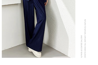 VIMLY Navy Blue Denim Suit Women's 2025 Autumn Outfits Vintage Lace Polo Collar Shirt Wide Legs Pants Ladies 2 Piece Sets A2526