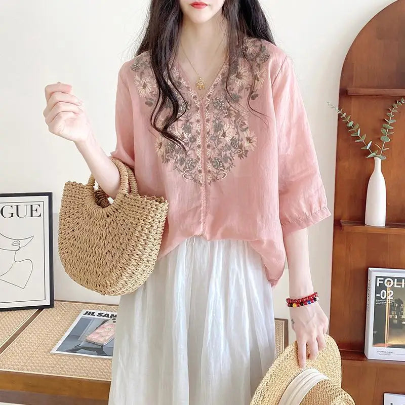 Women's Clothing Linen Blouse White V-Neck Embroidered Shourt Sleeve Loose Fit Artistic Casual Feminine Fashion