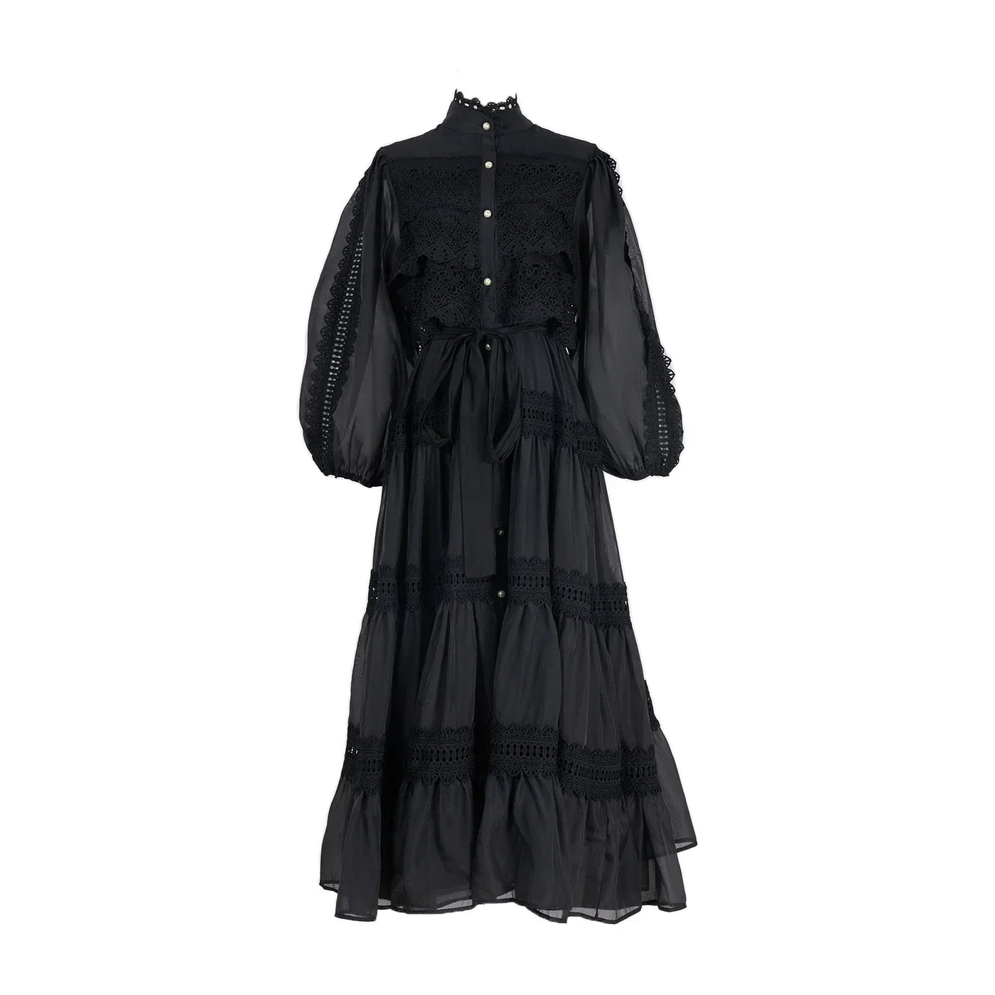 Luxury Long Dresses Women 2025 Spring Summer Embroidery Ruffle Lace Pearl Hollow Out Party Midi Dress Shirt Full Sleeve Vestidos