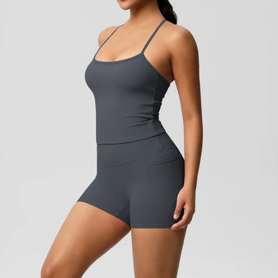 2PCS Sportswear With Pocketed Yoga Set Gym Clothes Yoga Suits For Women Tracksuits Sports Shorts Crossover Bra Gym Leggings