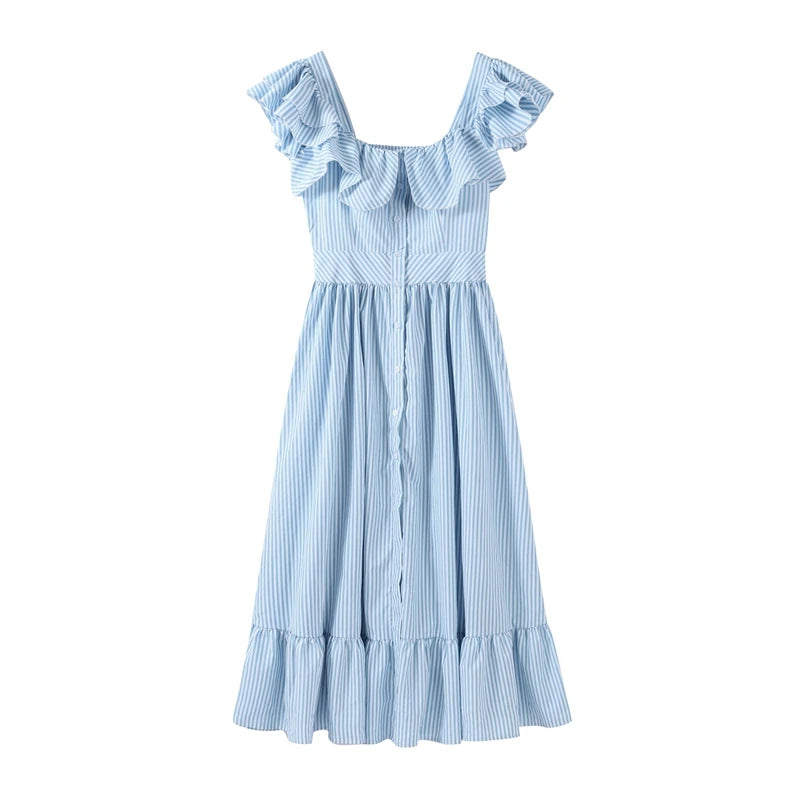 Ruffle Dress Women Fashion Backless A Line Slim Waist Striped Robe Female Flying Sleeves Buttons 2025 Summer Elegant Streetwear