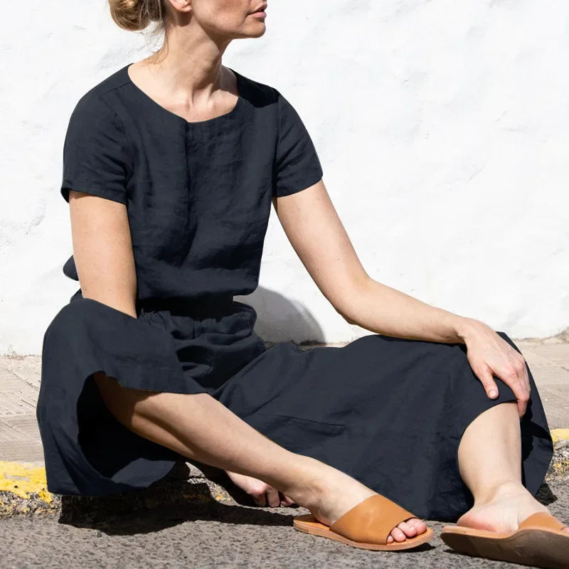 2025 Summer Short Sleeve Rompers Casual Loose Tighten Waist Solid Work Long Playsuit Elegant Women Jumpsuits Retro Overalls