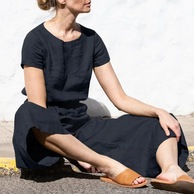 2025 Summer Short Sleeve Rompers Casual Loose Tighten Waist Solid Work Long Playsuit Elegant Women Jumpsuits Retro Overalls