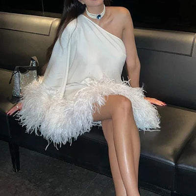 Women Elegant Club Dress Mujer Sexy One Shoulder Sleeve Feather Hem Cloak Dress Autumn Winter Ladies Party Loose Backless Dress