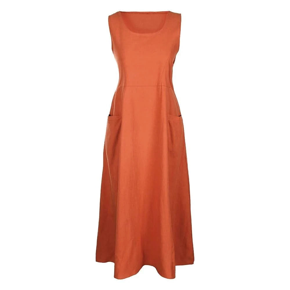 Cotton Linen Sleeveless Dress for Women Summer Pullover Skirt Vestidos Fashion Female Clothing Short Sleeved Loose Long Dress