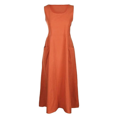 Cotton Linen Sleeveless Dress for Women Summer Pullover Skirt Vestidos Fashion Female Clothing Short Sleeved Loose Long Dress