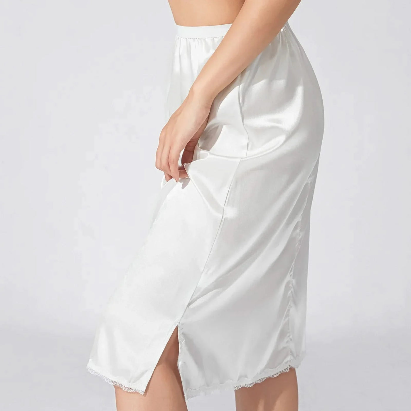 Women's Half Slips Elastic Waist Solid Color Satin Underskirt Lace Trim Skirt Under Dresses Bottoming Mini Slip Dress Petticoat
