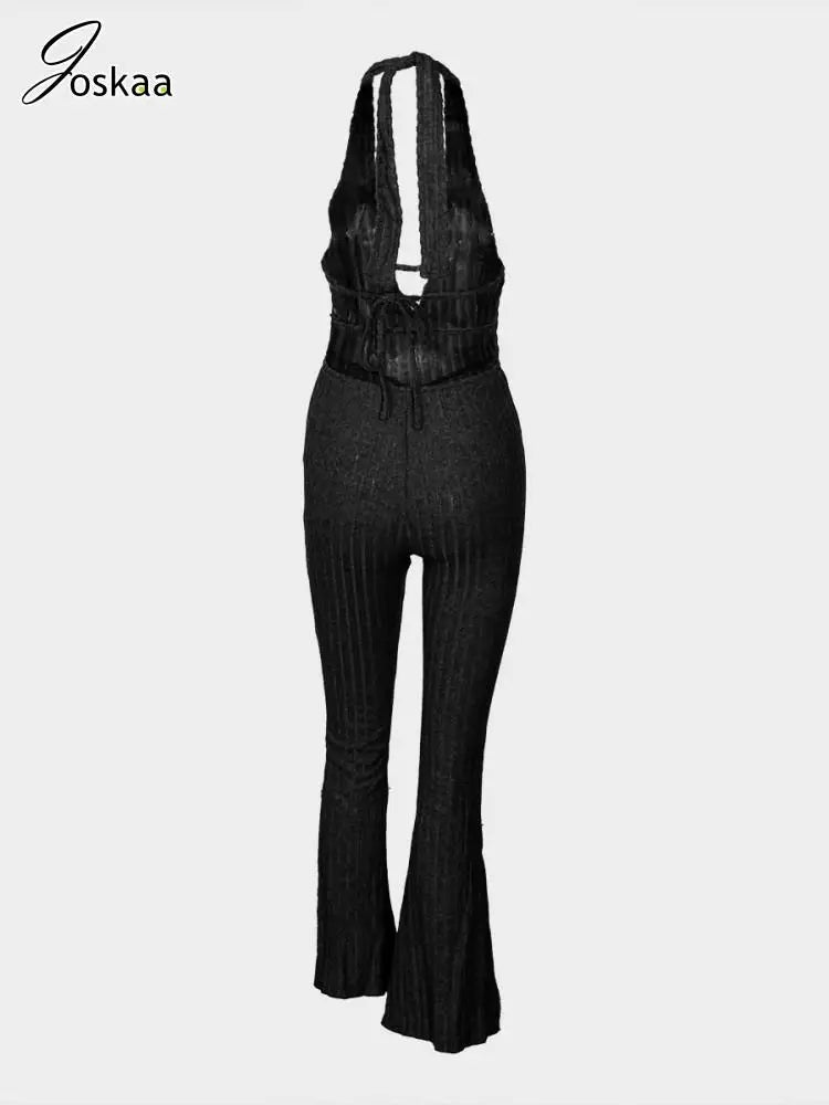 Joskaa Knitted Halter Backless Jumpsuit Women Sexy Deep V-Neck Bow Sleeveless Skinny Overalls 2025 Fitness Sportswear Clubwear