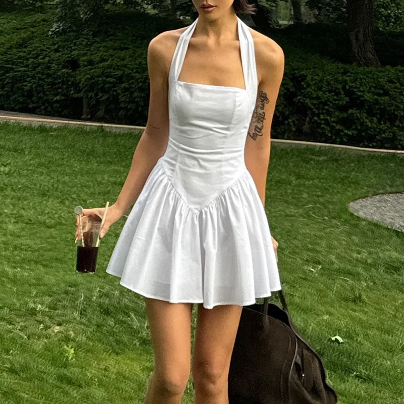 A-Line Dress Women Summer New White Fashion Halter Sleeveless Sexy Backless Dresses Casual Slim Club Party Elegant Lady Dress