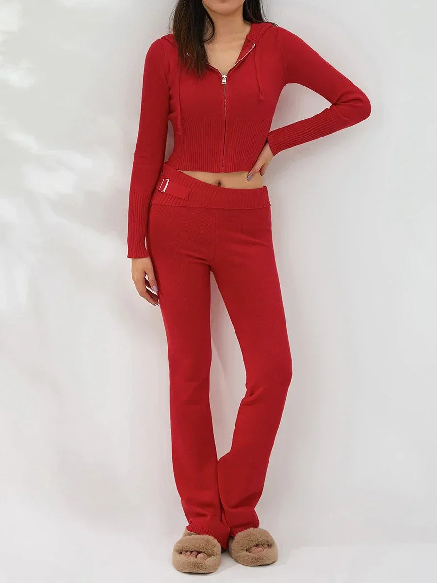 Women Tracksuit  Knit Lounge Set Long Sleeve Zip Up Hoodie with High Waist Wide Leg Pant 2 Piece Sweater Ensemble Casual Set