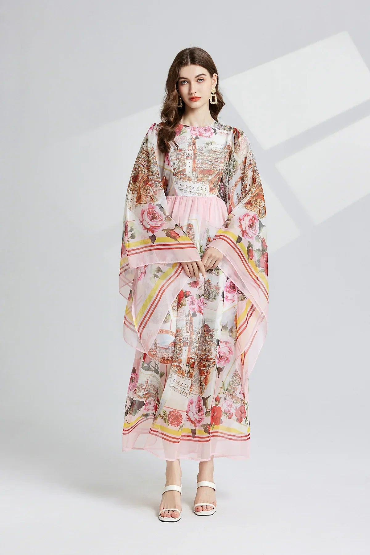 Women Clothing O Neck Flare Sleeve Large Swing Maxi Dress New Summer Bohemian Blue And White Porcelain Print Chiffon Vestidos