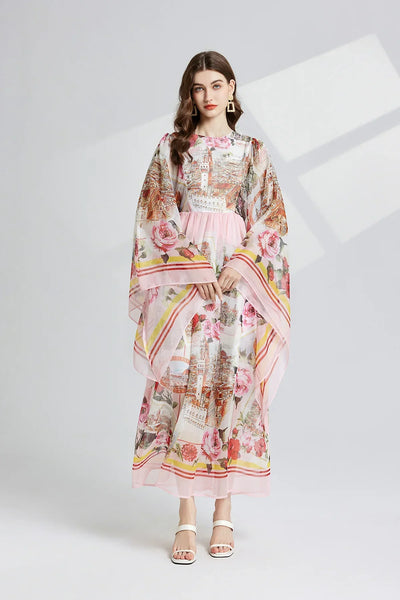 Women Clothing O Neck Flare Sleeve Large Swing Maxi Dress New Summer Bohemian Blue And White Porcelain Print Chiffon Vestidos