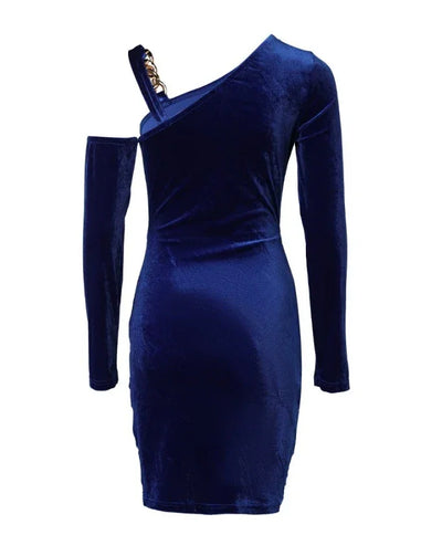 Women Evening Dress 2024 Autumn Winter Latest Sexy Velvet One Shoulder Chain Ruched Mini Dress Skinny Wedding Guest Short Skirt