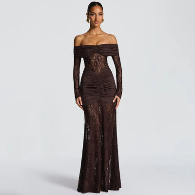 Woman Clothing Lace Patchwork Evening Dress 2025 Autumn Sexy Slash Neck Long Sleeve Folds Party Gown Lady Long Maxi Prom Dresses