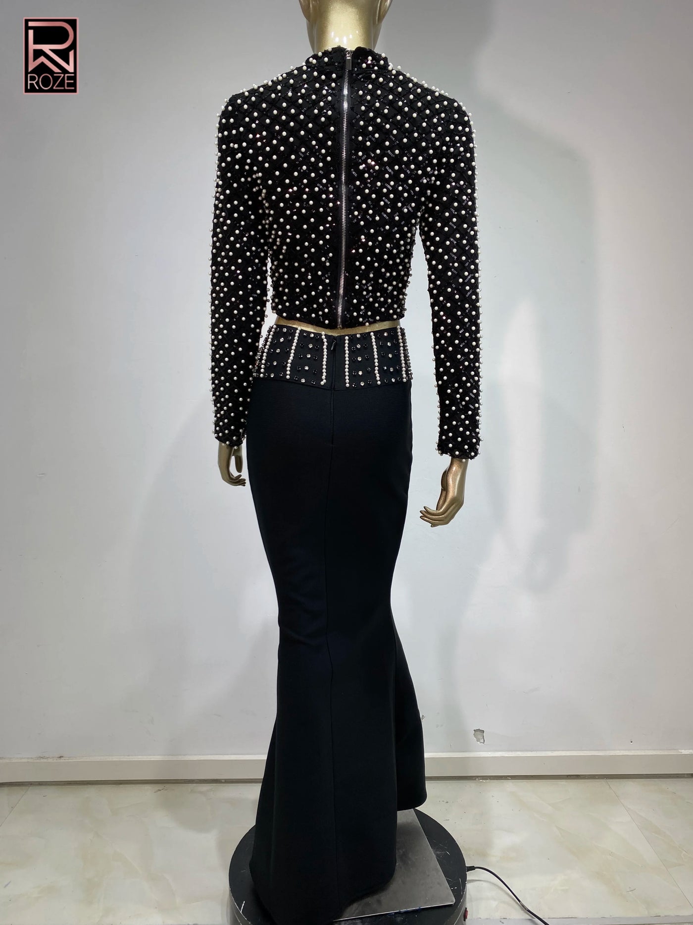 Women Luxury Pearl Sequin Embroidery Bandage Outfits Dress Long Sleeve Crop Top Long Flare Skirt 2 Pieces Set Evening Party