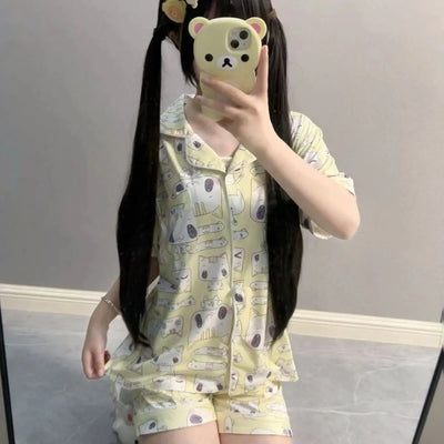Women's Sleepwear Lounge Pajama Sets Summer Cartoon Print Cute Loose Pajamas Set Home Clothes Short Sleeves Top and Shorts Set