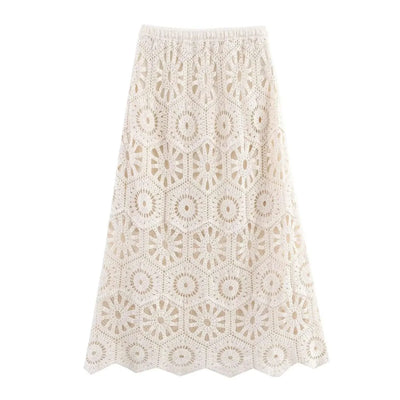 Summer Bohemian Women Loose DRESS Suits Hook Flower Hollow Out Bat Sleeve Shirt+Tassels Drawstring Bodycon Skirt Vacation Sets