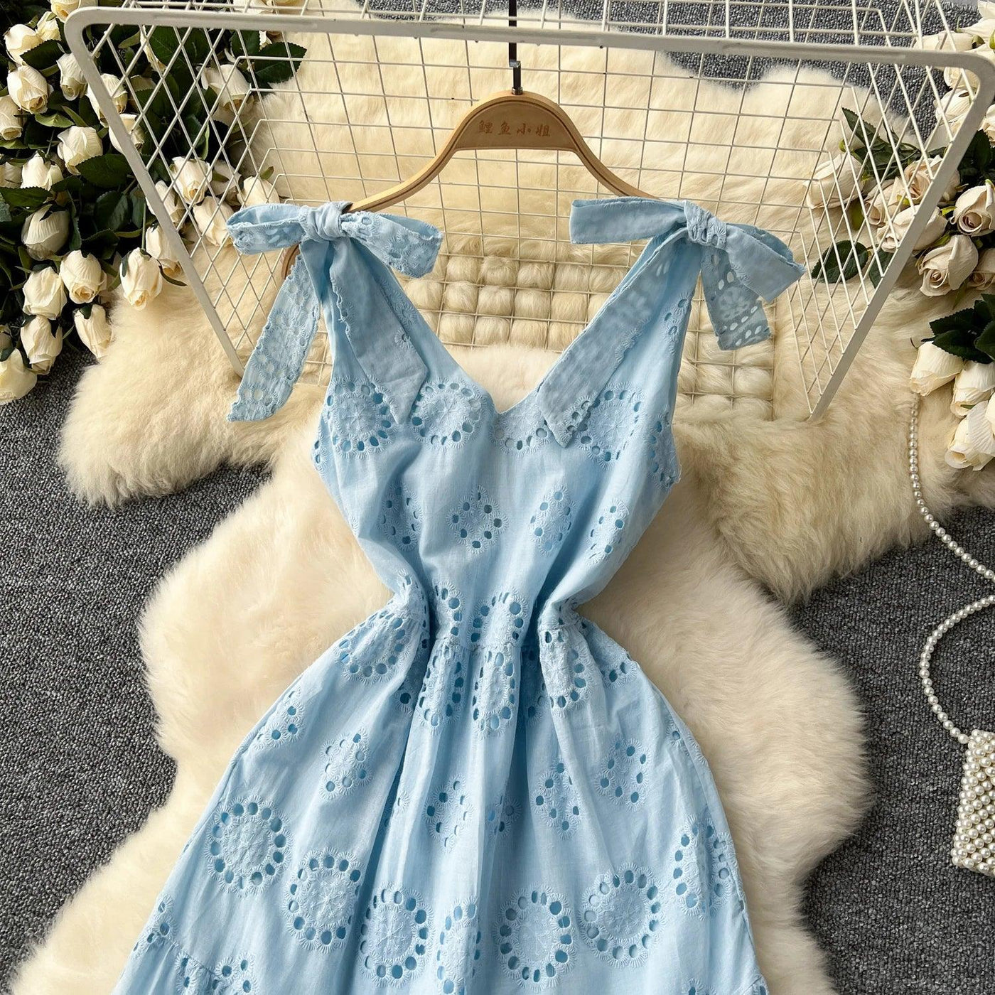 French Vintage Hollow Out Embroidery Butterfly Bow Bandage Slip Dress A-line Chic Casual Beach Vacation Women Summer Dresses