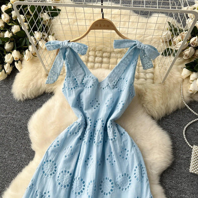 French Vintage Hollow Out Embroidery Butterfly Bow Bandage Slip Dress A-line Chic Casual Beach Vacation Women Summer Dresses