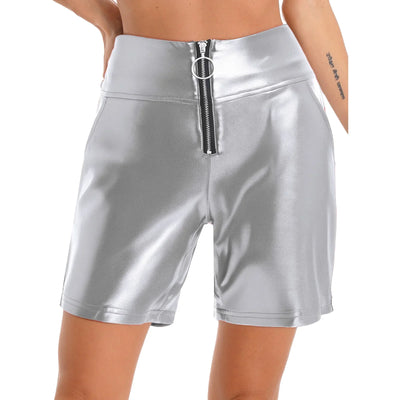 Womens Metallic Shiny Biker Tights Rave Shorts Music Festival Motor Riding Bottoms Front Zipper Pockets Bodycon Shorts Costumes