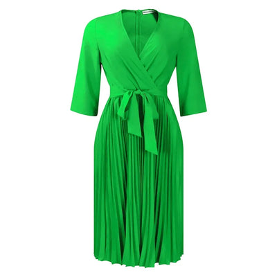 Elegant Office Dresses for Women Professional V Neck Full Sleeve Sashes Pleated Mid Calf Formal Business Work Wear Dress Midi OL