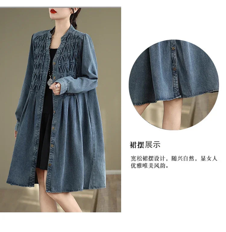Denim Oversized Autumn Winter Long Sleeve Coat Women Ruffle Fashion Loose Pleated Ladies Jackets Retro Woman Jackets Coats