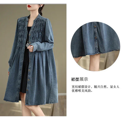 Denim Oversized Autumn Winter Long Sleeve Coat Women Ruffle Fashion Loose Pleated Ladies Jackets Retro Woman Jackets Coats
