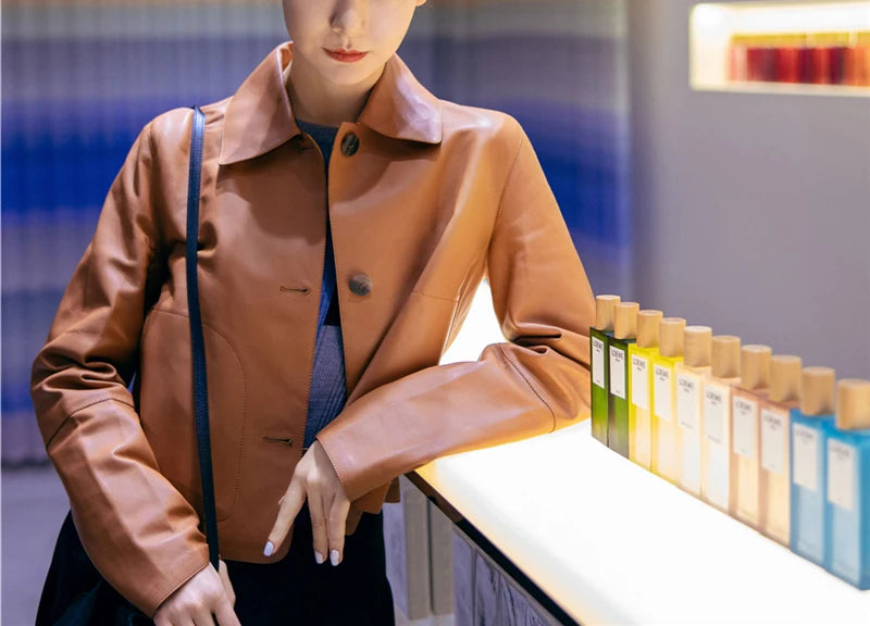 Women's Sheepskin Short Tops Harajuku Fashion Jassen Dames Slim Jaqueta De Couro Legítimo Square Collar Trendy Streetwear Coat