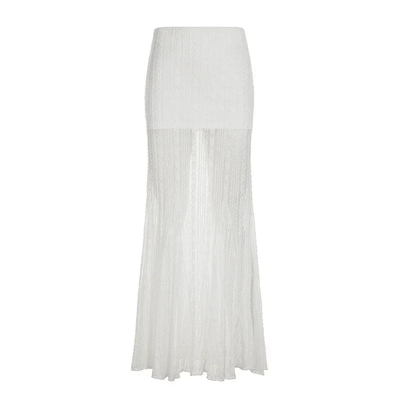 Solid Simple Lace Sheer Chic Women Long Skirts Fashion Summer Causal All-Match Women Dresses