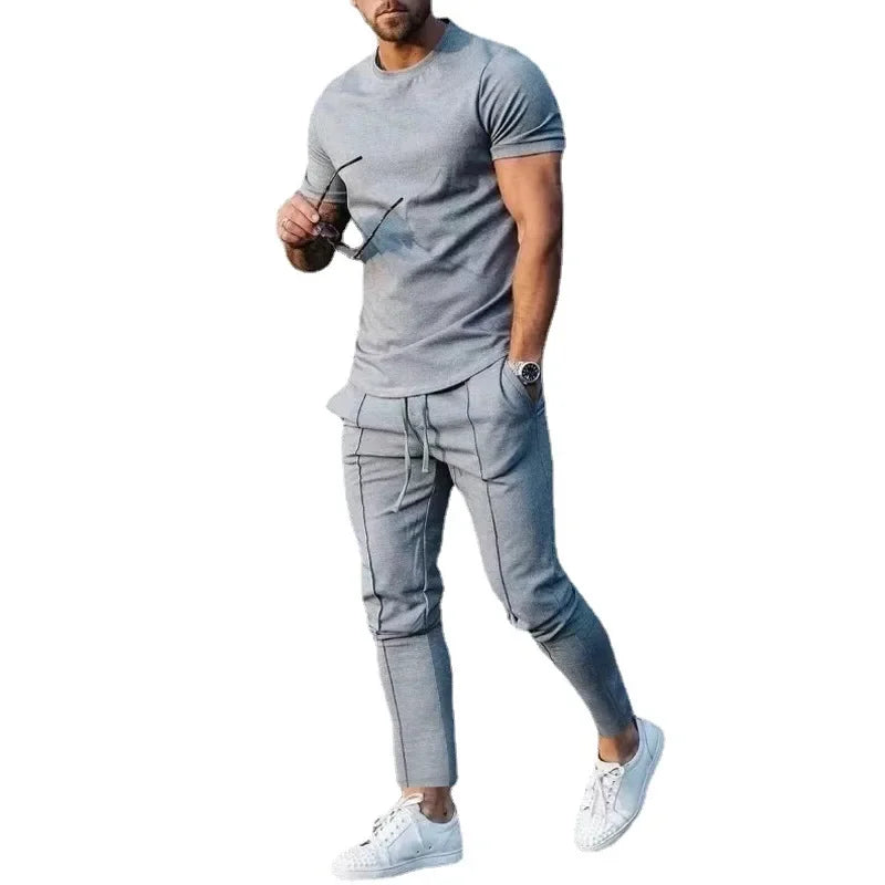 Mens Suit Summer Two-piece Suit Short-sleeved T-shirt Casual Fashion Trousers Sets for Men