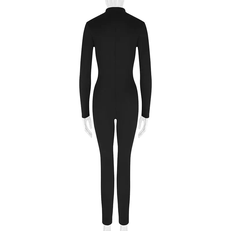 Women New Jumpsuits Spring Fashion Streetwear Long Sleeves Half High Collar Zippers Bodycon Rompers Black Sexy Female Jumpsuits