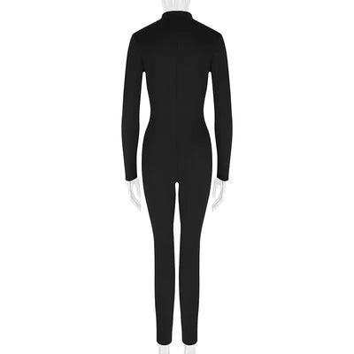 Women New Jumpsuits Spring Fashion Streetwear Long Sleeves Half High Collar Zippers Bodycon Rompers Black Sexy Female Jumpsuits