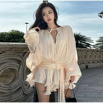 TWOTWINSTYLE Solid Spliced Lace Up Loose Dresses For Women O Neck Long Sleeve High Waist Temperament Dress Female Fashion New