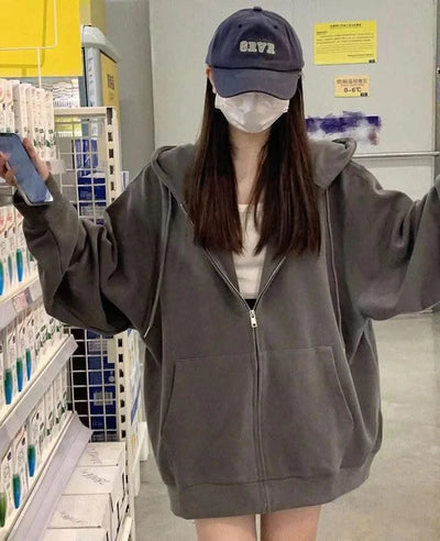 Korean Fashion Zipper Hood Sweatshirt Women Autumn Long Sleeve Tops Casual Y2K Hoodies Streetwear Harajuku Loose Jackets Coats