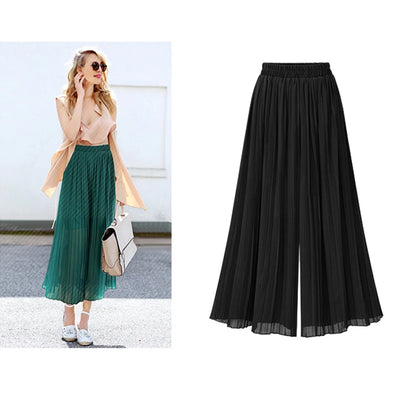 Loose Wide Leg Plus Size Pants Women Summer Fashion Streetwear Pleated Pants Skirts Elastic Waist Culottes Black Green Trousers