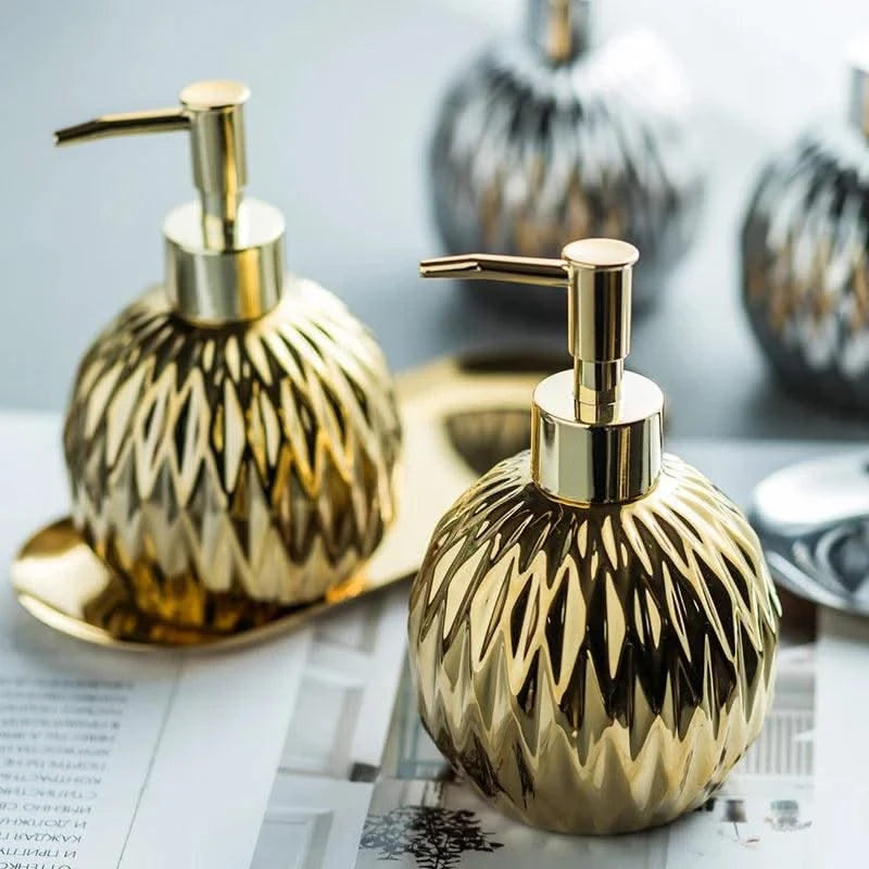 Luxury Gold Soap Dispenser with Press handle  Ceramic Dispenser Silver Dispenser with stainless steel Tray Bathroom Accessory