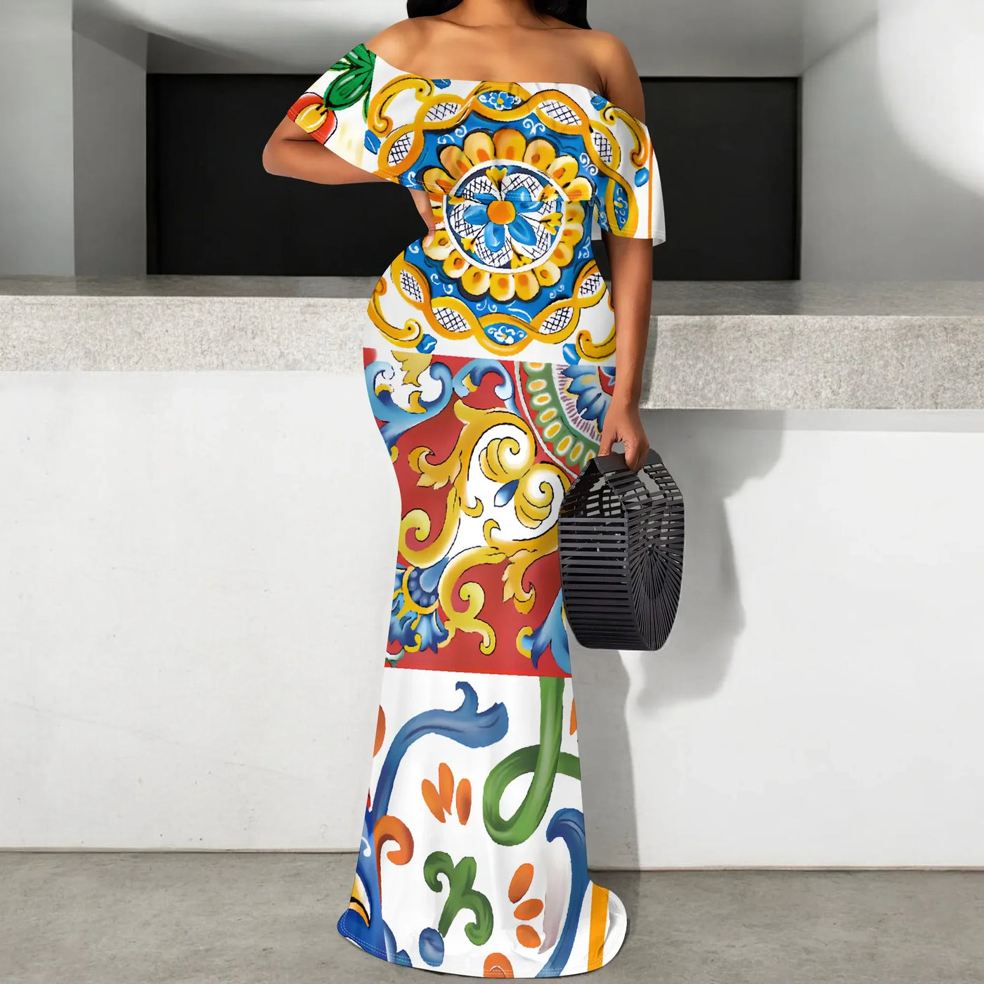 S-3XL Italian Tile Print Maxi Dress Off Shoulder Summer Holiday Boho Dress for Women