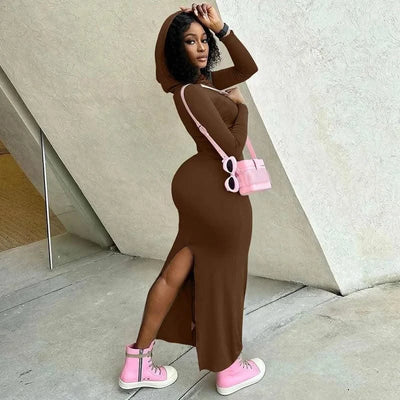 Hooded Long Dress For Women Y2k Clothes Sexy Streetwear Long Sleeve Bodycon Vestidos De Mujer Solid Robe Femme Été Back Split