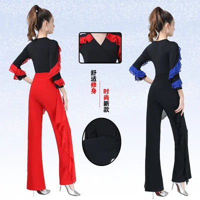 Women Dance Wear Latin V Neck Tops Line Dance Costume New Product Long Sleeve Ballroom Waltz Professional Competition Samba Tops