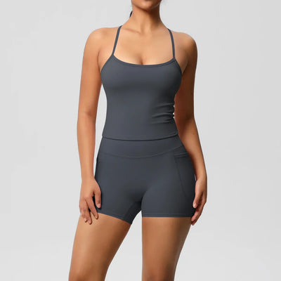 2PCS Sportswear With Pocketed Yoga Set Gym Clothes Yoga Suits For Women Tracksuits Sports Shorts Crossover Bra Gym Leggings