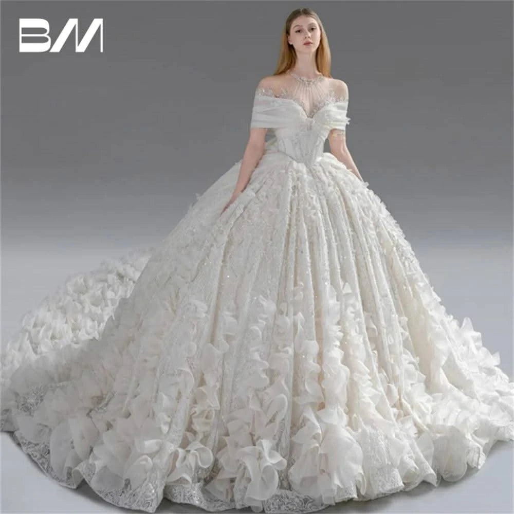 Women's Beading Appliques With Off Shoulder Sleeves, Ball Gown Ruched Bridal Long wedding Gown