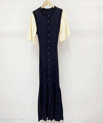 Classic Style Single Breasted Knitted Women Midi Dress O Neck Short Sleeve Hollow Out Spliced Lady Fishtail Dress