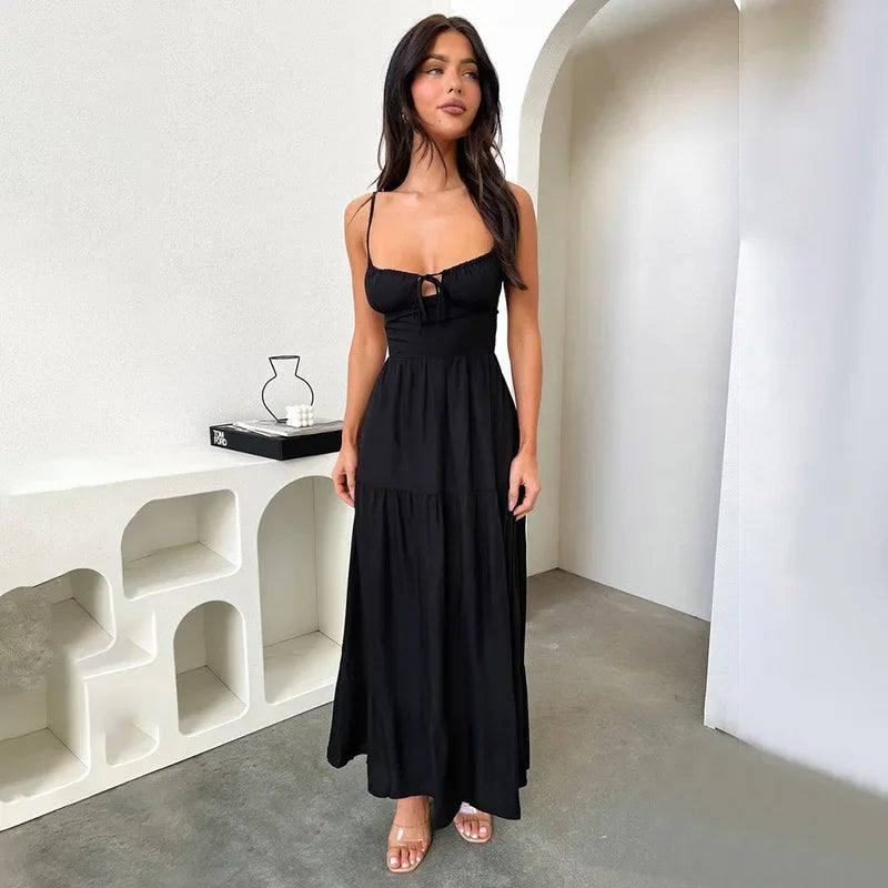 BOOFEENAA Halter Backless Maxi Long Dress Sexy Vacation Outfits White Black Summer Dresses for Women Clothes 2024 C66-CH28