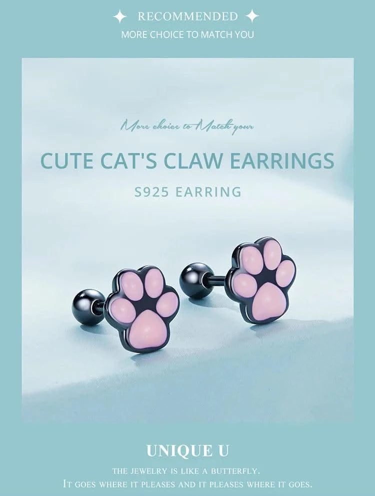 WOSTU Real 925 Sterling Silver Cat Ear Hoop Earrings For Women Lovely Pink Cute Pet Paw Studs Clips Girl Unique Jewelry Gift