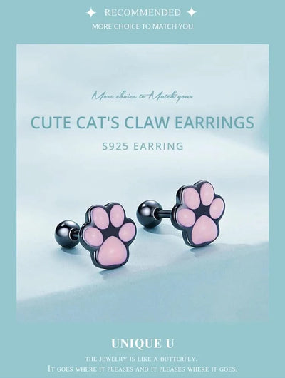 WOSTU Real 925 Sterling Silver Cat Ear Hoop Earrings For Women Lovely Pink Cute Pet Paw Studs Clips Girl Unique Jewelry Gift