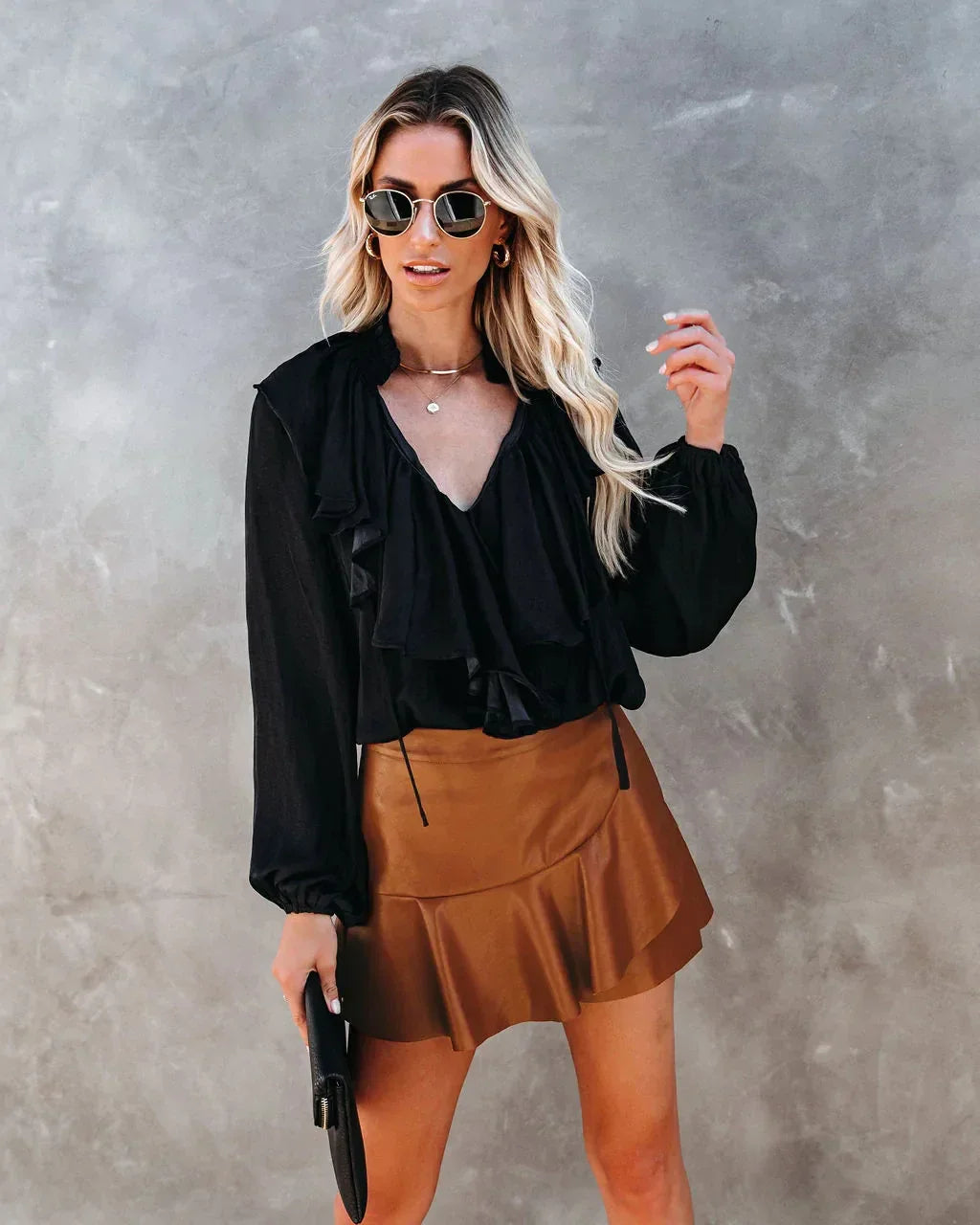 Women Ruffle High Elastic Waist PU Leather Skirts Summer Lady Irregular Clubwear Vestidos LDY-WW5529