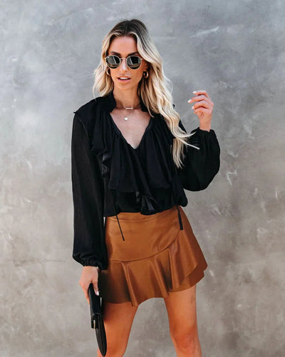 Women Ruffle High Elastic Waist PU Leather Skirts Summer Lady Irregular Clubwear Vestidos LDY-WW5529