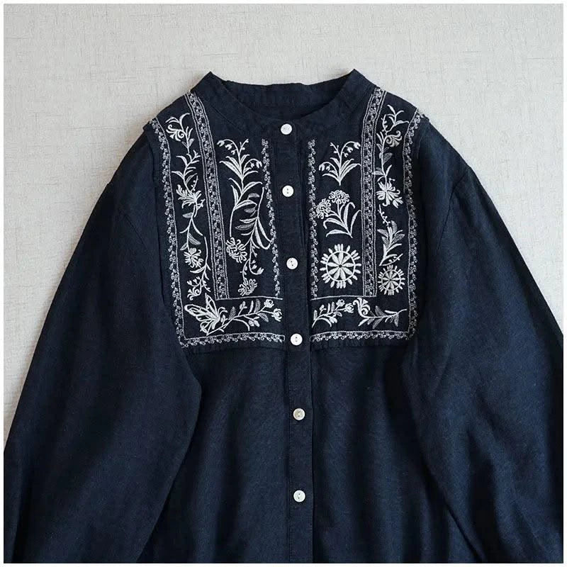 Cotton Linen Floral Embroidery Blouses Shirts For Women Tops Loose Oversize Lantern Long Sleeve Casual Boho Beach Summer Blusas