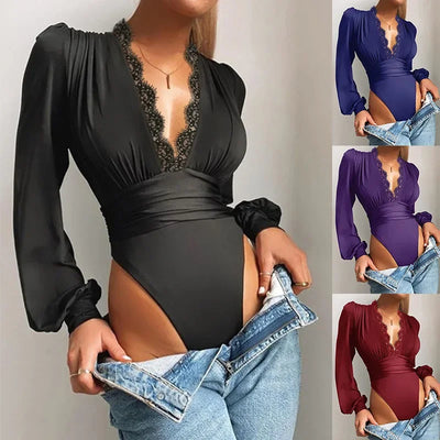 Sexy Lace Applique Long Sleeve Women Bodysuit Mesh Bodysuits Deep V Neck Backless Leotard Tops Female Basic Tops