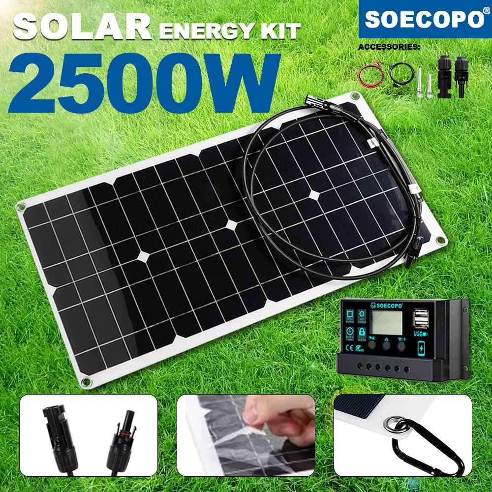 Portable 2500W Solar Panel Kit for Camping - Camper Accessories with 5V1.5A USB, Compact Solar Kit with 10A - 100A Controller